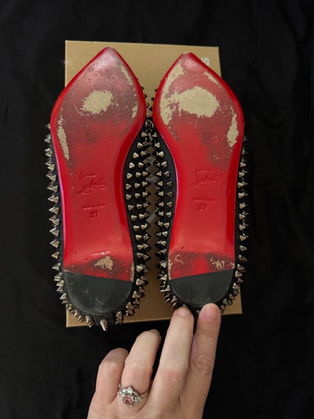 Christian Louboutin Pigalle Spikes Flats Black Anthracite Silver Studded Size 37 - Picture 7 of 9